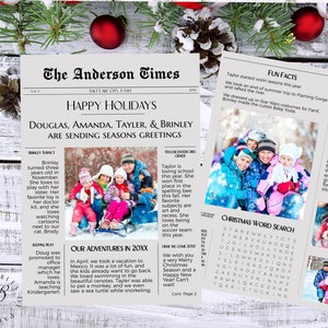 クリスマス カード 新聞、編集可能なクリスマス フォト カード テンプレート、クリスマス レター、ホリデー ニュースレター、ユニークなクリスマス カード