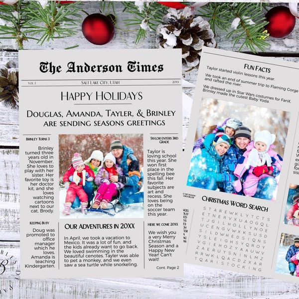 Christmas Card Newspaper, Editable Christmas Photo Card Template, Christmas Letter, Holiday News Letter, Unique Christmas Card