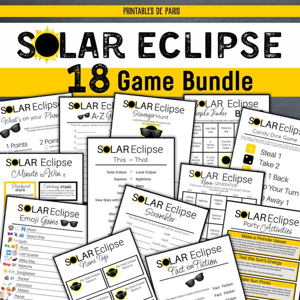 Druckbare Sonnenfinsternis-Spiele mit Antwortbögen, Sonnenfinsternis-Partyspiel-Bundle, Erwachsene Kinder Homeschool Eclipse Idee-Bundle