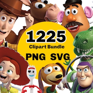 May include: A digital clipart bundle featuring characters from the animated film series. The image includes Woody, Jessie, Buzz Lightyear, Mr. Potato Head, Rex, Slinky Dog, and a toy fork. The text on the image reads "1225 Clipart Bundle PNG SVG".