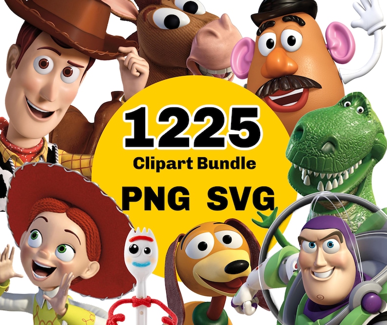 Puede incluir: Un paquete de im&aacute;genes predise&ntilde;adas digitales con personajes de una popular pel&iacute;cula de animaci&oacute;n. La imagen incluye a Woody, Jessie, Buzz Lightyear, Sr. Cara de Papa, Rex, Slinky Dog y un tenedor de juguete. El texto de la imagen dice "1225 Clipart Bundle PNG SVG".
