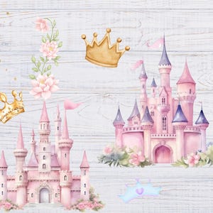 May include: Watercolor illustration featuring a pink castle with multiple turrets, flags, and floral accents. Two gold crowns and a blue tiara are also present, along with floral arrangements. The background is a white wood grain.