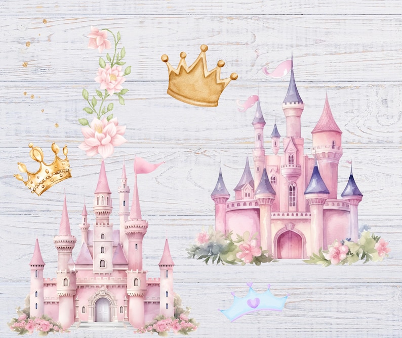May include: Watercolor illustration featuring a pink castle with multiple turrets, flags, and floral accents. Two gold crowns and a blue tiara are also present, along with floral arrangements. The background is a white wood grain.