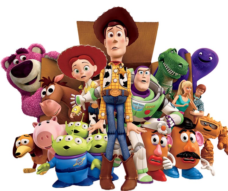 Puede incluir: Imagen colorida con personajes de Toy Story, como Woody, Buzz Lightyear, Jessie y otros. Los personajes est&aacute;n dispuestos en una composici&oacute;n din&aacute;mica, con una caja de cart&oacute;n en el fondo.