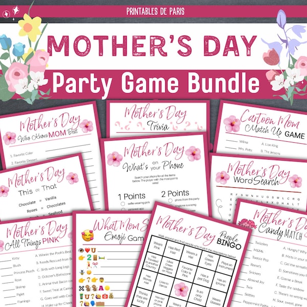 Printable Mother's Day Games with Answer Sheets, Mother's Day Party Game Bundle, Printable Mother's Day Game Bundle