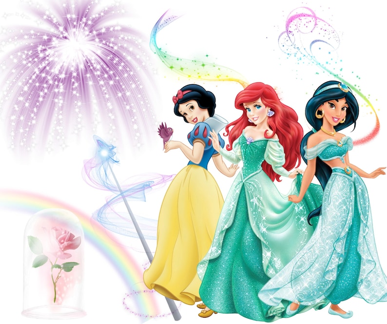 May include: Three Disney princesses, Snow White, Ariel, and Jasmine, are standing together in front of a white background. Snow White is wearing a yellow dress with a red sash, Ariel is wearing a green dress, and Jasmine is wearing a blue dress. There are colorful fireworks and rainbows in the background.