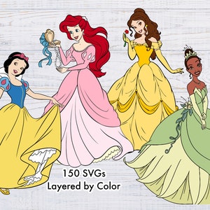 May include: Digital illustration of four animated princesses in colourful gowns. Snow White in a yellow dress, Ariel in a pink dress, Belle in a yellow dress, and Tiana in a green dress. The text "150 SVGs Layered by Color" is at the bottom.