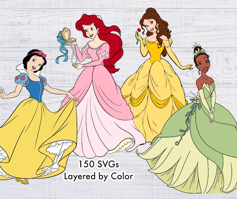 May include: Digital illustration of four animated princesses in colourful gowns. Snow White in a yellow dress, Ariel in a pink dress, Belle in a yellow dress, and Tiana in a green dress. The text "150 SVGs Layered by Color" is at the bottom.