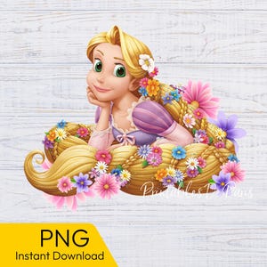 塔の上のラプンツェル PNG、アイロンで貼り付けるシャツ用ラプンツェル クリップアート、デジタル ダウンロード シャツ用プリンセス クリップアート、塔の上のラプンツェル パーティー用ケーキ トッパー