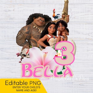 BEWERKBARE Moana 2 PNG, Moana Birthday png, Moana 2 verjaardagsshirt, Moana Maui naamtaarttopper, bewerk de naam en leeftijd!