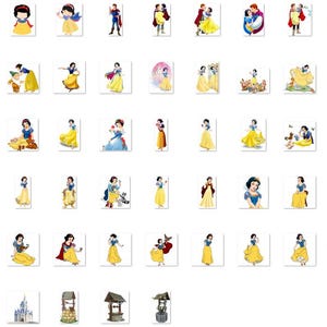 May include: A collection of 48 digital clipart images featuring Snow White from the Disney movie Snow White and the Seven Dwarfs. The images show Snow White in various poses and settings, including with the dwarfs, the Evil Queen, and Prince Charming.