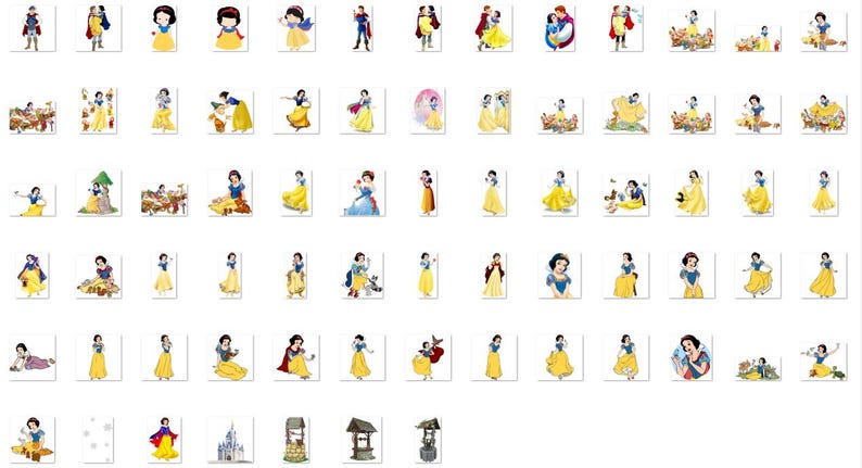 May include: A collection of 48 digital clipart images featuring Snow White from the Disney movie Snow White and the Seven Dwarfs. The images show Snow White in various poses and settings, including with the dwarfs, the Evil Queen, and Prince Charming.