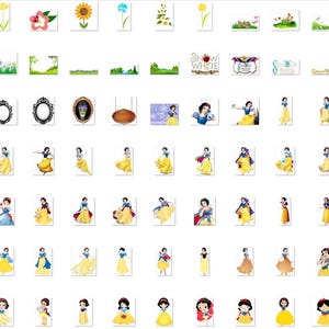 May include: A collection of 81 digital clipart images featuring Snow White, a Disney princess, in various poses and settings. The images include Snow White in her iconic yellow dress, as well as other outfits, such as a blue dress and a red dress. The images also include various props, such as a mirror, a basket, and a flower.