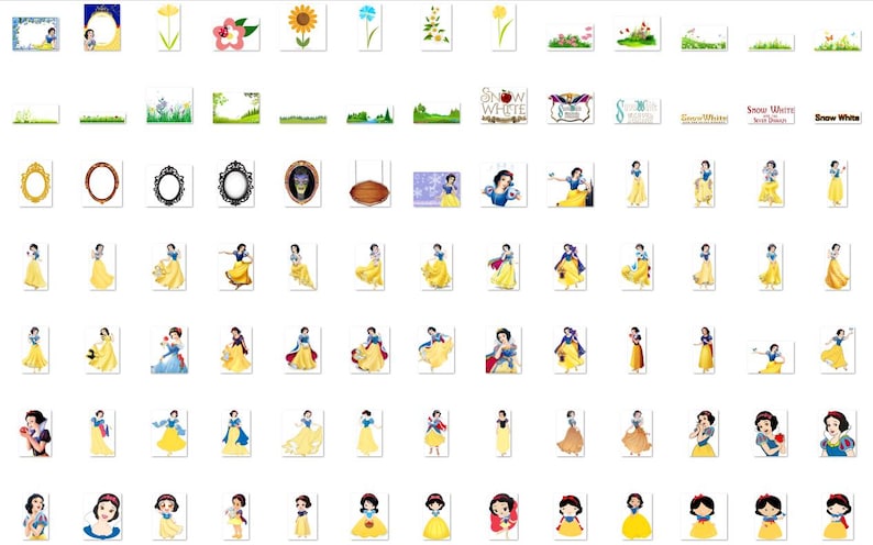 May include: A collection of 81 digital clipart images featuring Snow White, a Disney princess, in various poses and settings. The images include Snow White in her iconic yellow dress, as well as other outfits, such as a blue dress and a red dress. The images also include various props, such as a mirror, a basket, and a flower.