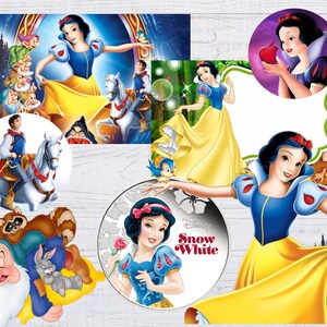 May include: A set of printable party decorations featuring Snow White from the Disney movie Snow White and the Seven Dwarfs. The decorations include a round image of Snow White holding an apple, a round image of Snow White with the dwarfs, a round image of Prince Charming riding a white horse, a round image of Snow White with a bird, and a round image of Snow White with the text "Disney Snow White".