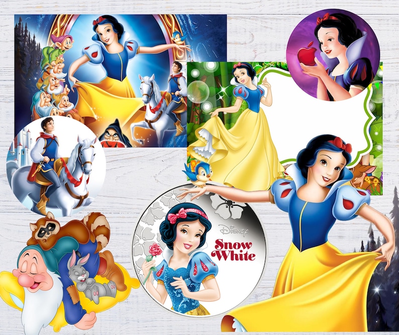 May include: A set of printable party decorations featuring Snow White from the Disney movie Snow White and the Seven Dwarfs. The decorations include a round image of Snow White holding an apple, a round image of Snow White with the dwarfs, a round image of Prince Charming riding a white horse, a round image of Snow White with a bird, and a round image of Snow White with the text "Disney Snow White".