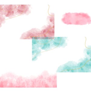 May include: Watercolor design elements in shades of pink and teal, with gold line accents, arranged on a white background. The image features various shapes, including rectangular and cloud-like forms, suitable for digital art or design projects.