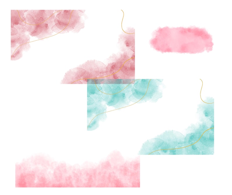 May include: Watercolor design elements in shades of pink and teal, with gold line accents, arranged on a white background. The image features various shapes, including rectangular and cloud-like forms, suitable for digital art or design projects.