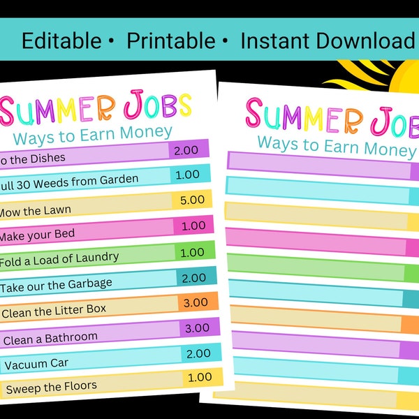 Printable Kids Summer Chore Chart, Editable Summer Job Earn Money Chart, Printable Kids Routine, Summer Planner for Kids, Allowance chart