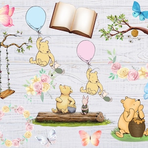 Klassieke Winnie de Poeh png-clipart, Winnie de Poeh-sublimatie, aquarel Winnie de Poeh, aquarelbloemen, Winnie de Poeh-babyshower