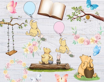 Classic Winnie the Pooh PNG Clipart, Winnie the Pooh Sublimation, Watercolor Winnie Pooh, Watercolor Flowers, Winnie the Pooh Baby Shower