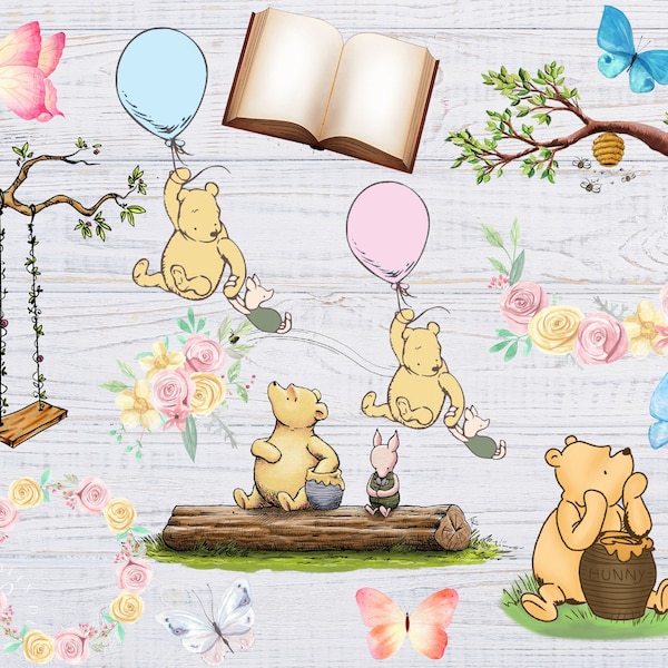 Classic Winnie the Pooh PNG Clipart, Winnie the Pooh Sublimation, Watercolor Winnie Pooh, Watercolor Flowers, Winnie the Pooh Baby Shower