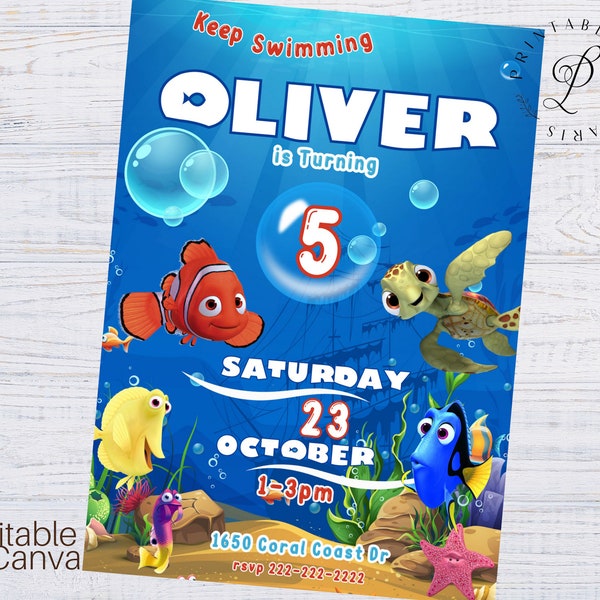 Nemo Birthday Invitation, Nemo Birthday Invite, Dory Birthday Invitation, Editable Finding Nemo Invitation, Under the Sea Birthday