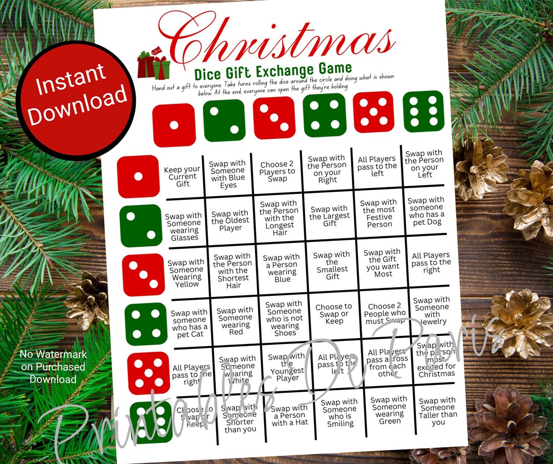 Christmas Gift Exchange Dice Game, Christmas Printable Game, School