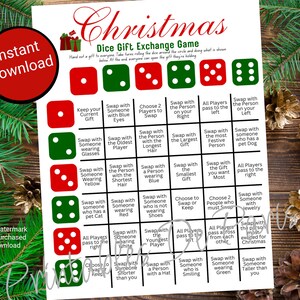 May include: A printable Christmas dice game with instructions to swap gifts with other players based on the dice roll. The game board has a red and green color scheme.