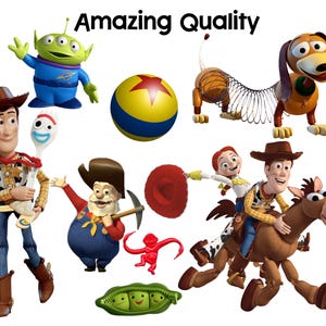 Puede incluir: Una colecci&oacute;n de figuras de personajes de Toy Story, incluyendo a Woody, Buzz Lightyear, Slinky Dog y otros. Los personajes est&aacute;n en varias poses, con colores vibrantes y dise&ntilde;os detallados. El texto "Amazing Quality" est&aacute; en la parte superior.