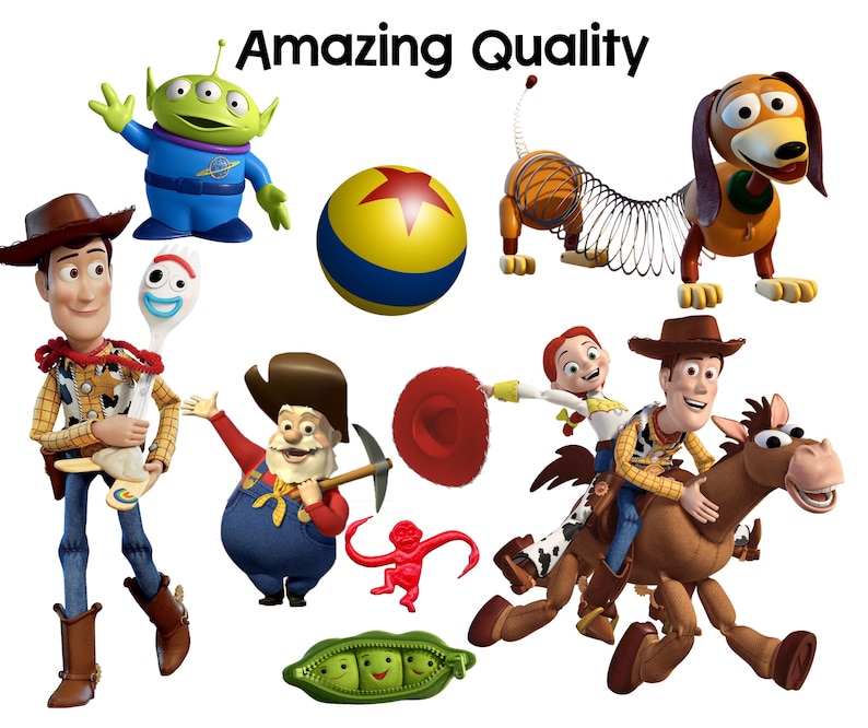 Puede incluir: Una colecci&oacute;n de figuras de personajes de Toy Story, incluyendo a Woody, Buzz Lightyear, Slinky Dog y otros. Los personajes est&aacute;n en varias poses, con colores vibrantes y dise&ntilde;os detallados. El texto "Amazing Quality" est&aacute; en la parte superior.