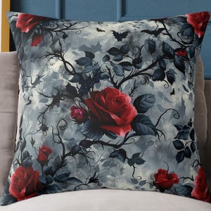 Square Pillow, Gothic Roses and Bats Design, Halloween Decor, Home Accent, Throw Pillow, Spooky Room Decor, Square