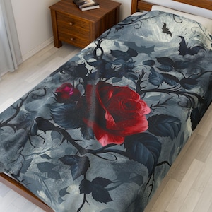 Gothic Floral Plush Blanket, Cozy Throw Blanket, Rose Design Decor, Halloween Blanket, Luxurious Blanket, Bat Print