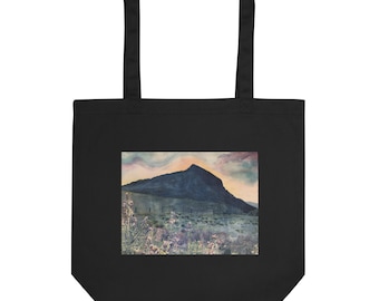 Eco Tote Bag - Mount Crested Butte in the Summer on one side, and Ruby and Owen on the other side in winter.