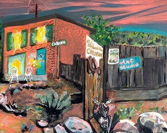 Original Painting - Where Past Meets Future at the Corner of Corona and Tennessee Arizona Future Remodel of the Haunted House w Welcome Sign