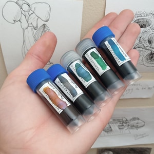 May include: A hand holding five small vials of ink. The vials have clear bodies, colored ink, and labels with the brand name "Vinterron". The caps are blue and gray. The labels show the ink colors: Fallen Leaves, Plume, Jadeite, and Academic Blue.