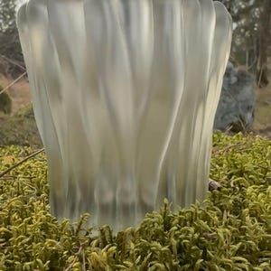 May include: A frosted glass vase with a wavy, petal-like design. The vase is cylindrical and sits on a bed of green moss. The background features trees and natural light, creating a serene outdoor setting.