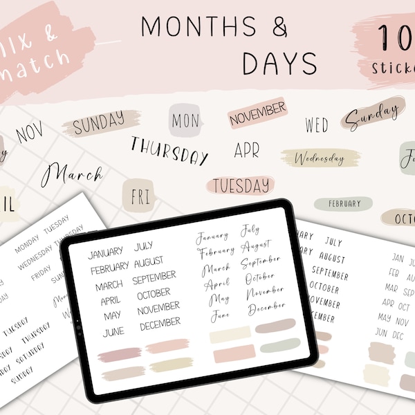MONTHS & WEEKDAYS Digital Stickers for GoodNotes, Basic Pre-cropped Digital Planner Stickers
