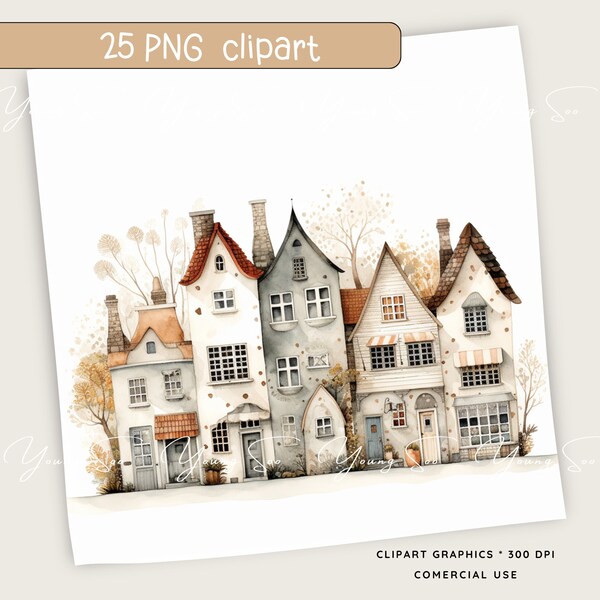 Quirky Houses Watercolor Clipart,  Watercolor Cute Quirky Houses  25 PNG Clipart, Commercial Use, Digital Scrapbooking