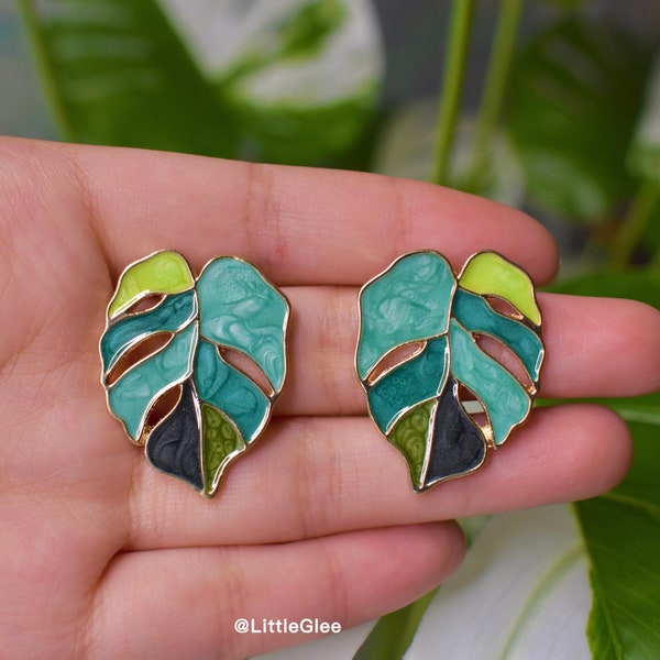 Monstera Earrings | Monstera albo earrings | Enamel Leaf Drop Pendant Earrings | Tropical Plant Earrings
