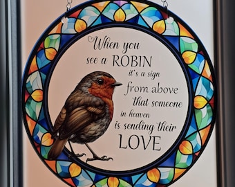 Stained Glass Effect Robin Memorial Hanging Sign, Various Sizes