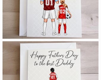 May include: A greeting card featuring a cartoon illustration of a parent and children in soccer uniforms. The text reads Happy Fathers Day to the best Daddy. The figures wear red and white jerseys with names and numbers on the back, standing on a white background with a subtle grid pattern.
