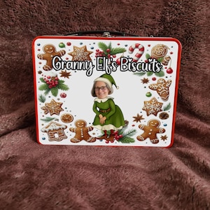 Christmas Elf with your face Personalised Red Treat Tin | Biscuit Tin | Granny, Grandma, Nanny etc