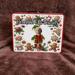Christmas Elf with your face Personalised Red Treat Tin | Biscuit Tin | Grandad, Grampy etc