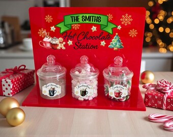 Personalised Hot Chocolate Station with 3 Jars | Family Name Christmas Hot Chocolate Bar | Festive Gift | Red or White Stand