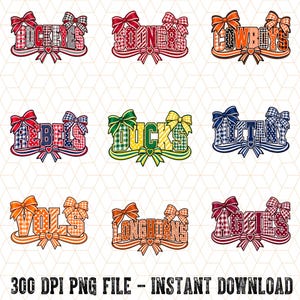 May include: A digital graphic set featuring nine team names: BUCKEYES, SOONERS, COWBOYS, REBELS, DUCKS, NITTANY, VOLS, LONGHORNS, and AGGIES. Each word is styled with plaid or checkered patterns, accented by decorative bows and ribbons.