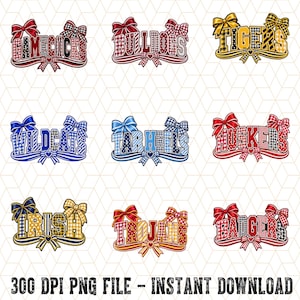 May include: A digital collection of nine sports team names including Gamecocks, Bulldogs, Tigers, Wildcats, Tarheels, Huskers, Irish, Trojans, and Badgers. Each word features a plaid pattern, decorative bows, and ribbons in various colors.