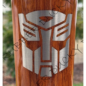 Transformers! | Custom Faux Wood Grained and Stainless Steel Tumbler | Double Walled and Vacuum Insulated | Plastic Straw and Lid Included