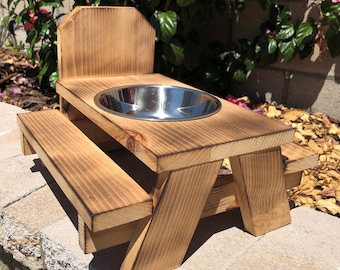 Squirrel Picnic Bench Feeder | Freestanding, Mounted, Stainless Steel Bowl Options | Distressed or Natural | Cedar | Handmade in the USA