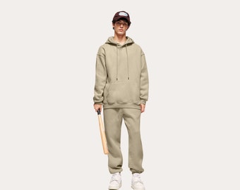 Hype Qlo Unisex Men Women Essential Stylist Comfort Fit Hoodie and Sweatpants Set (350g) - Dark Beige and Matcha Green Colors